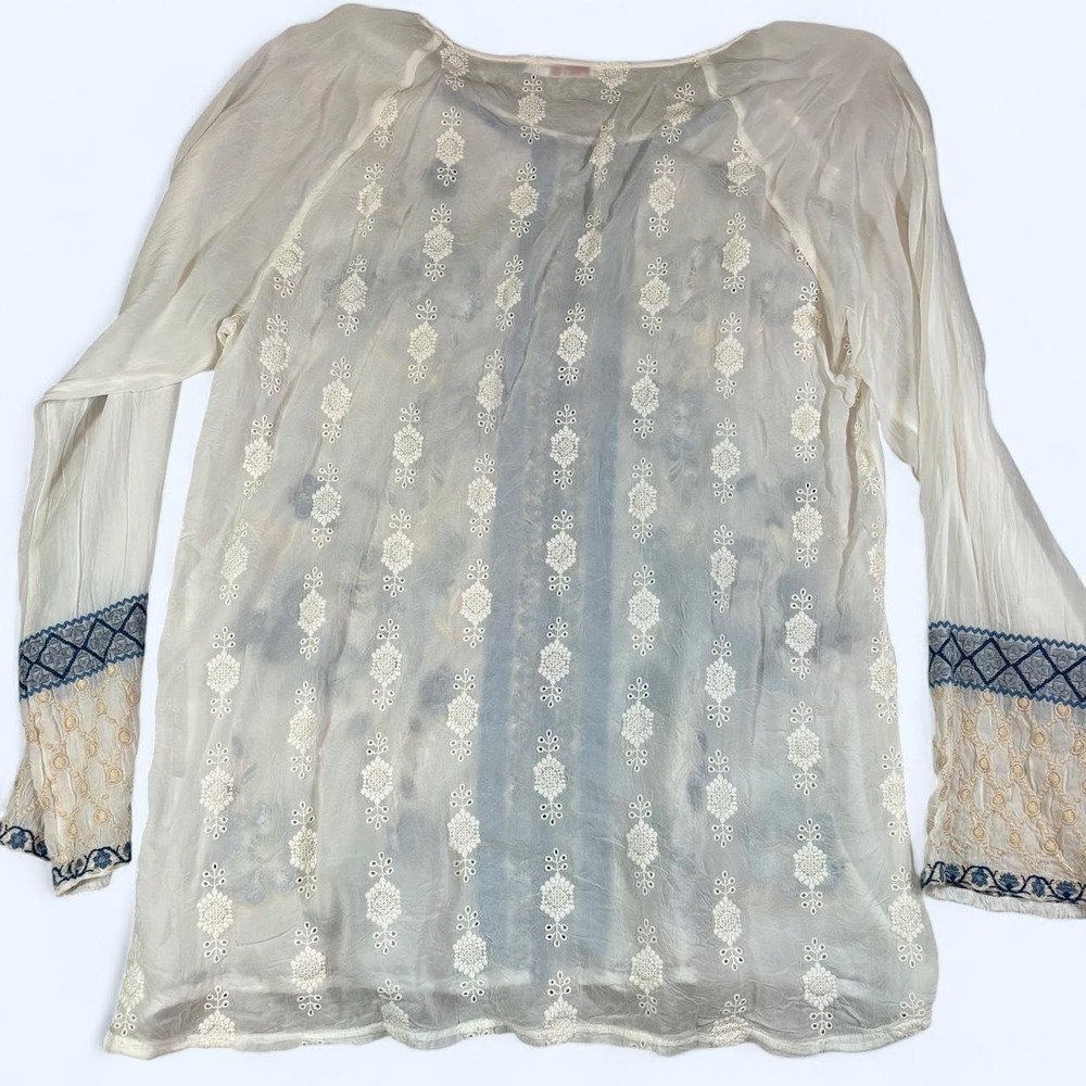 JOHNNY WAS Lauren Top Tunic White Blouse Embroidery Large Blue Boho Semi Sheer - Picture 2 of 8